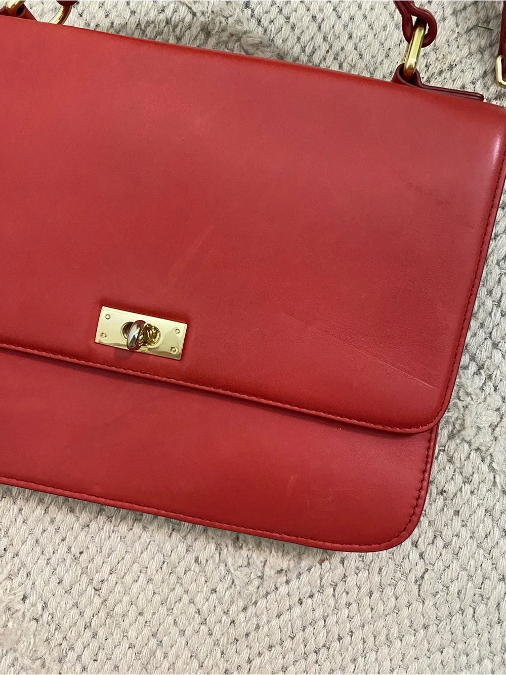 J. Crew Red Leather Top-Handle Satchel with Gold Hardware